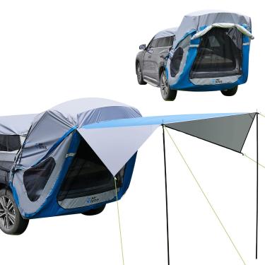 Imagem de JOYTUTUS Tenda de porta traseira SUV com toldo e postes de três lados, barraca de acampamento SUV resistente à água com capa de teto de carro, preferência para viagens ao ar livre, ajuste universal na