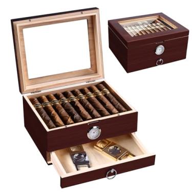 Imagem de Umidor de madeira de cedro para charutos com higrômetro, caixa de umidificador de charuto pequena, umidificadores de mesa superiores transparentes para charutos, vedação magnética, gaveta de