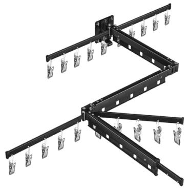 Imagem de BESy Escorredor de roupas dobrável retrátil para pendurar roupas, prateleiras dobráveis de secagem em três dobras para lavanderia, varanda, banheiro, liga de alumínio, montado na parede, preto fosco