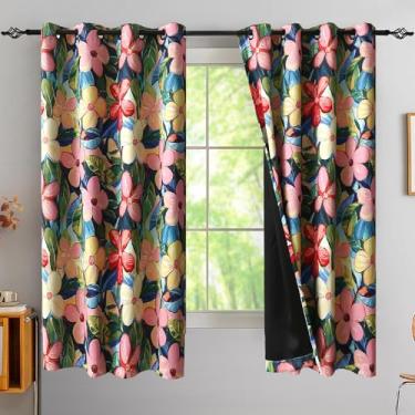 Imagem de Cortinas blecaute tropicais bloqueadoras de calor, cortinas coloridas florais rosa pastel 153 cm de comprimento com amarradores, cortinas de hibisco brilhante havaianas para privacidade, ilhós, quarto