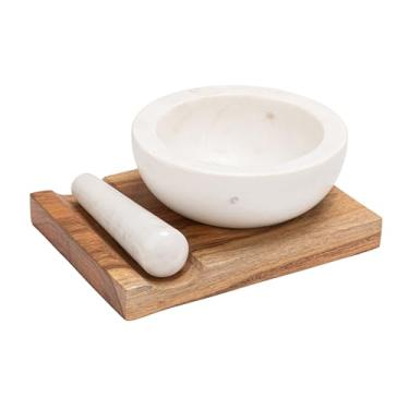 Imagem de Creative Co-Op Almofariz e pilão de mármore com base de madeira, acabamento branco e natural