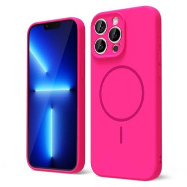 Imagem de oakxco Capa de silicone para iPhone 13 Pro Max, capa magnética fina e fina compatível com Magsafe, capa de segurança de borracha fluorescente brilhante para mulheres e meninas com capa para câmera