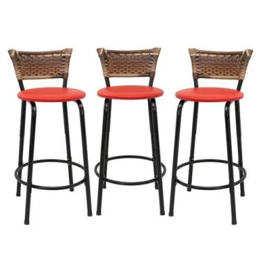 Imagem de Kit 3 Banquetas Para Balcão 60cm Preta Junco Cappuccino Balcão Bistrô 