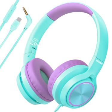 Imagem de Fones de ouvido infantis USB C com microfone, fones de ouvido escolares para adolescentes com volume limitado de 94 dB para meninos e meninas, faixa de cabeça ajustável, dobrável, fone de ouvido com