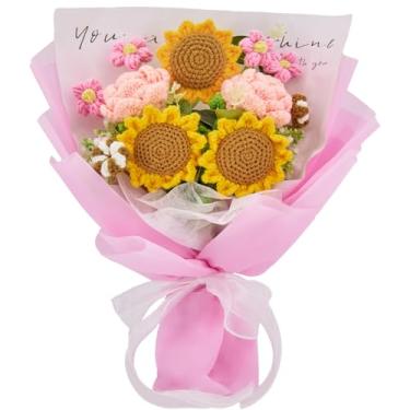 Imagem de YSHomy Flores de crochê, buquê de girassóis de crochê, rosas rosa, puffs, flores de algodão para decoração de outono, presentes para namorada, aniversário, formatura, aniversário, recuperação (rosa