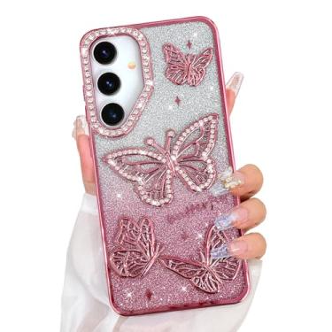 Imagem de Bonoma Capa com glitter para Samsung Galaxy S25, linda capa com estampa de borboleta 3D, proteção para câmera, capa traseira macia e brilhante para mulheres e meninas, rosa