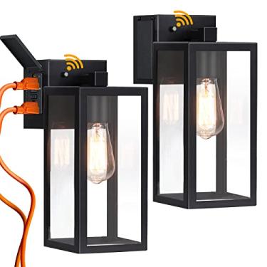 Imagem de Luzes externas com tomada GFCI, lanterna de parede do crepúsculo ao amanhecer, luminárias exteriores à prova d'água, arandela de parede, vidro transparente, luzes de parede pretas para casa, garagem