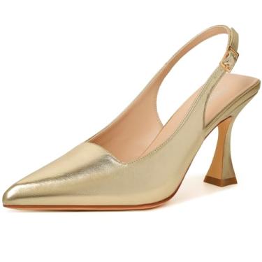 Imagem de Susanny Salto gatinho Slingback Elegante Elegante Sapato Feminino Fechado Bico Fino Salto Alto Grosso Casamento Noiva Baile Festa Vestido Sapatos, Poliuretano dourado, 42