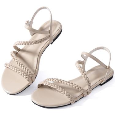 Imagem de Mtzyoa Sandálias rasteiras elegantes gladiador de tiras verão tira no tornozelo nude bico aberto confortável casamento casual couro feminino festa moderna férias, Creme trançado, 37
