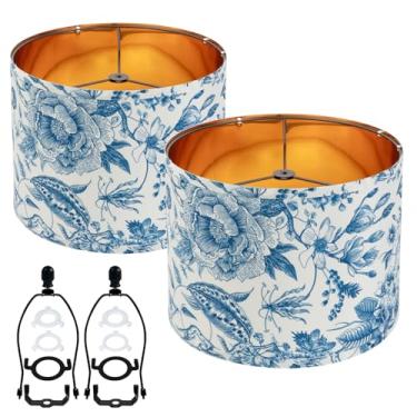 Imagem de Duoerwo Conjunto de 2 abajures Farmhouse – estilo tambor de barril vintage, 30 cm de largura x 12,7 cm de altura, design floral rústico azul para mesa/piso/parede, montagem fácil com suporte de harpa