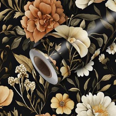 Imagem de HOMETITUTE Papel de parede floral vintage, descasque e cole flores escuras, papel de parede, 300 x 45 cm, revestimento de parede decorativo de vinil autoadesivo para quarto, sala de estar, decoração