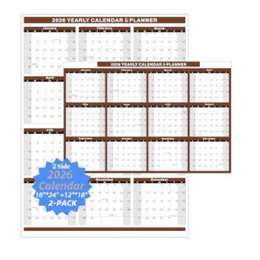 Imagem de Pacote com 2 calendários de parede 2026, 45 x 61 cm e 30 x 45 cm, calendário anual de 12 meses, marrom e branco, formato de grade mensal de janeiro a dezembro, reversível vertical e horizontal dos