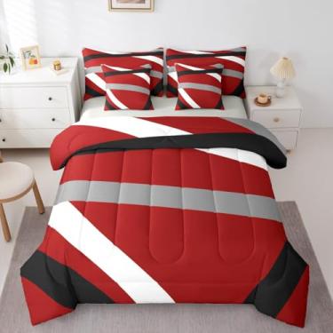 Imagem de Erosebridal Conjunto de edredom Queen listrado vermelho, cinza, preto, para adultos, mulheres, homens, moderno, abstrato, 7 peças, geométrico, estético, boêmio, conjunto de edredom