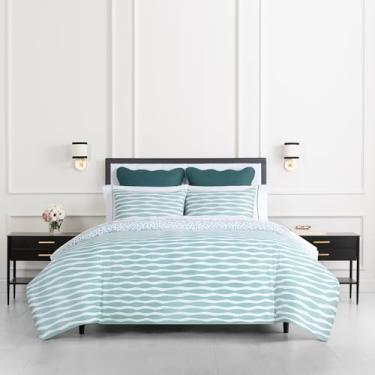 Imagem de Kate Spade New York Rhythmic Geo Conjunto de edredom casal/Queen, 300 fios, de cetim, de algodão, reversível, para todas as estações, lavável na máquina, turmalina azul