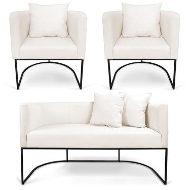 Imagem de Kit 01 Namoradeira 02 Lugares E 02 Poltronas Paola Linho Base Metálica Preto Cor A27 Areia