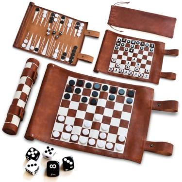 Imagem de Leather Backgammon 2 in 1, Roll-Up Travel Chess Game, Portable and Lightweight，with Drawstring Bag, Travel-Size Board Game for Camping for Adults and Kids
