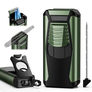 Imagem de Isqueiro tudo-em-um com perfurador, suporte, realçador de desenho, chama de jato triplo, ferramenta de acessórios (sem gás butano (verde) (verde)