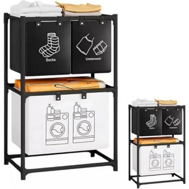 Imagem de Cesto de Roupa Suja Estante Para Lavanderia Banheiro Com Dois Andares 3 Cestos Hastes de Metal Preto (STO3064)