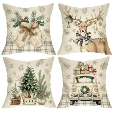 Imagem de Fjfz Conjunto de 4 capas de almofada decorativas com luvas de Natal, 45,7 x 45,7 cm, árvore de Natal, branca, caminhão, varanda, decoração de casa, decoração de casa, inverno, búfalo, xadrez, sofá