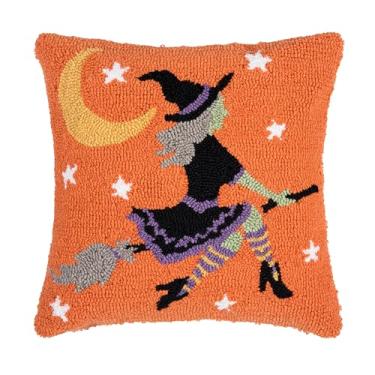 Imagem de C&F Home Bruxa voadora na vassoura luar Halloween Hooked Accent Pillow 40.6 cm x 40.6 cm Cute Spooky Scary Fall Harvest Home Living Room Sofa Chair Bed Decor Decoration 40.6 cm x 40.6 cm