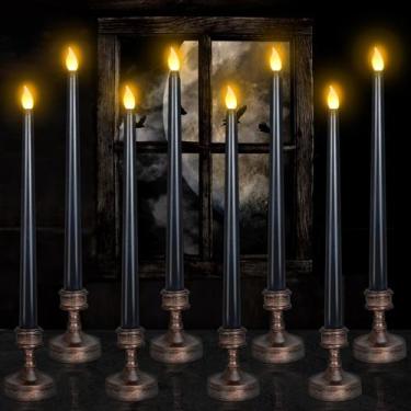 Imagem de Velas YUNVI Halloween Black Flameless Taper com base, 8 conjuntos