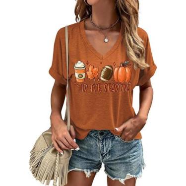 Imagem de Camisa feminina KYVPO Tis The Season com decote em V marrom de Hallowe