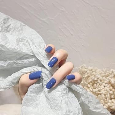 Imagem de Unhas de pressão de cor sólida quadradas médias longas azul claro oval ponta de unha brilhante gel de unha falsa unhas postiças caixão sólido natural pequeno unha acrílica 24 peças caeea 14