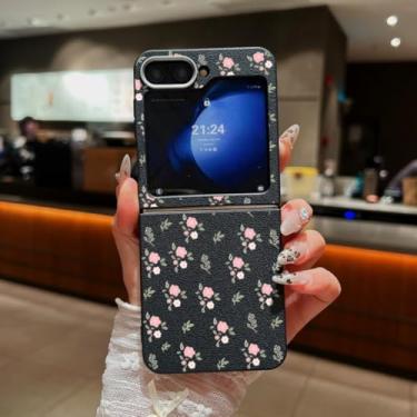 Imagem de Capa dobrável de TPU com textura de couro estampado com flores pequenas para Samsung Galaxy Z Flip6 (preta para Samsung Galaxy Z Flip6/A603)