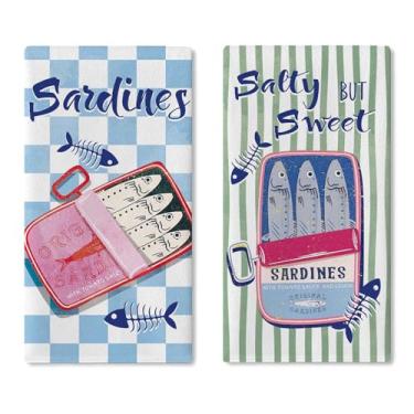 Imagem de Croar Conjunto de 2 panos de prato de cozinha para sardinhas, litoral, salgado, mas doce, toalha de mão de secagem de peixe, pano de cozimento, pano de cozinha náutico, listras, xadrez, banheiro