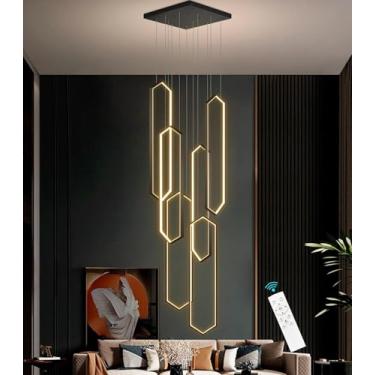 Imagem de Lustre moderno de LED, luminária pendente, formato geométrico de alumínio, luminária pendente regulável para escada, mesa de jantar, altura ajustável, luz de teto para sala de estar, villa,