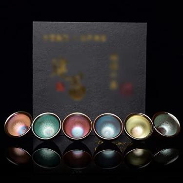 Imagem de Conjunto de 6 xícaras de chá de xícara de chá coloridas Jianzhan, xícara mestre de pneu de ferro artesanal, tigela de chá artesanal de transformação de forno, pacote de presente (cor: conjunto