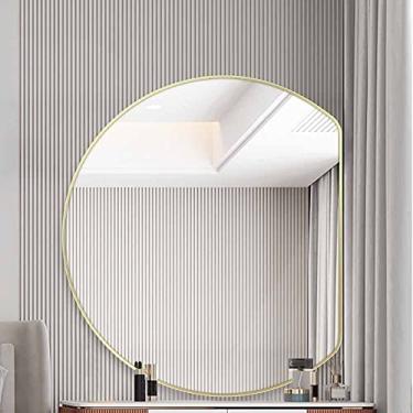 Imagem de Espelho de parede para casa de banho, espelho de casa de banho regulável em 3 cores, espelho de toucador inteligente com botão de toque, espelho de parede dourado, espelho LED de meia-lua, espelho