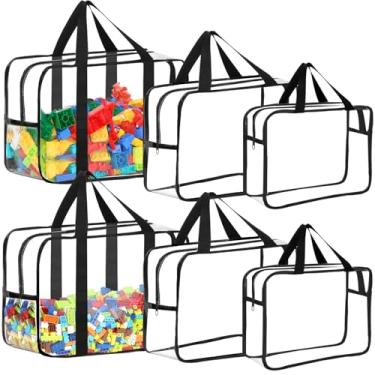 Imagem de 6 pacotes de sacos de armazenamento de brinquedos com etiquetas, armazenamento de jogos de tabuleiro de PVC transparente reutilizável, bolsas organizadoras à prova d'água para viagem com zíper de