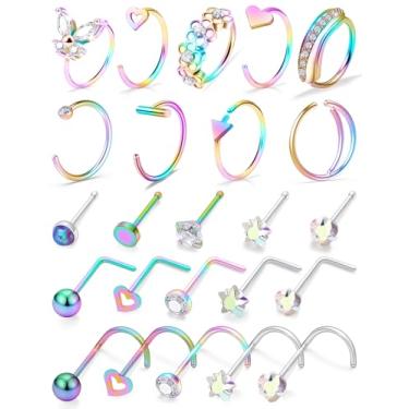 Imagem de Oicctyzio Piercing de nariz de 20 g, piercing de argola hipoalergênico, multicolorido, aço cirúrgico para mulheres e homens, Metal, Zircônia cúbica