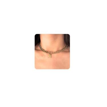 Imagem de ADEMISHIA Colar feminino com inicial inglesa antiga em ouro 18 K, delicado pingente A-Z com corrente cubana de aço inoxidável, gargantilha grossa, colar gargantilha para presente de Halloween e Natal