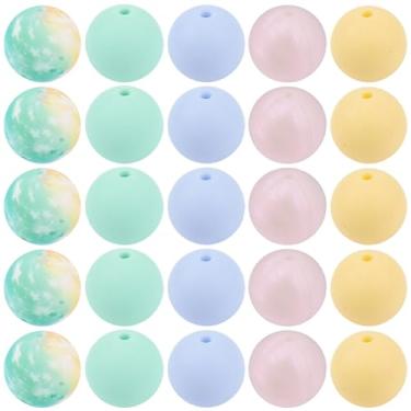 Imagem de SUNNYCLUE 80 peças 5 estilos contas de silicone macaron contas focais redondas a granel 1,5 cm padrão de impressão de borracha macia colorida kit espaçadores soltos para fazer joias, pulseiras