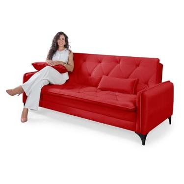 Imagem de Sofá Cama Yara Reclinável Casal Suede Vermelho com Pés em Aço Sala De Estar Casa Imperial