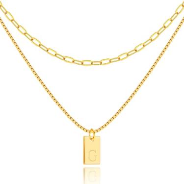 Imagem de Poxtex Colar de ouro com inicial para mulheres, ouro real 14 quilates com nome delicado colar personalizado e clipe de papel, colar com pingente de letra quadrada em camadas na moda 26 maiúsculas A a Z, joias de ouro presentes para mulheres e meninas, Ouro, Sem Pedra Preciosa