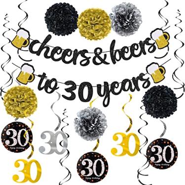 Imagem de Kit de decorações de aniversário de 30 anos para homens e mulheres, faixa de alegria a 30 anos com flores de pompom, decorações de espirais brilhantes para pendurar 30 anos para decoração de festa de casamento