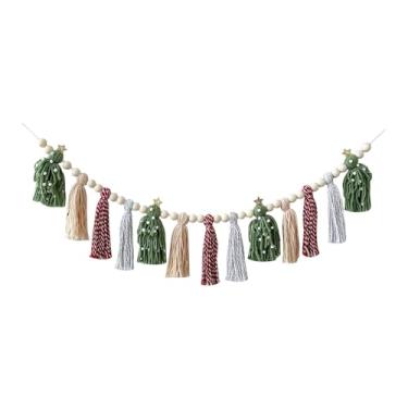 Imagem de shamjina Guirlanda de borlas de Natal Boho com contas de madeira, suporte para fotos, decoração criativa de parede Boho, faixa de borlas para escritório