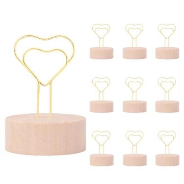 Imagem de Oubest Porta-números de mesa dourados e porta-cartões de lugar com fio de metal em forma de coração e base de madeira - 10 peças de placa fotográfica para mesa, centros de mesa, casamento, festa