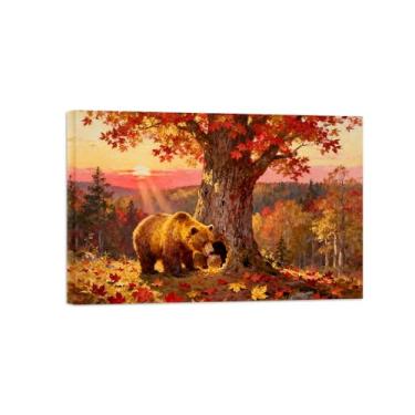 Imagem de Quadro parede outono-Urso árvore floresta Impressões em tela paisagens-Pintura animais para decoração sala estar 20x30cm Tela Embrulhada