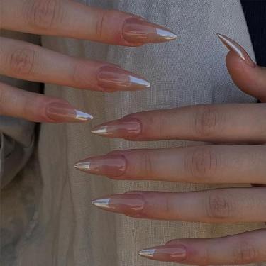 Imagem de Kit de unhas de pressão em forma de amêndoa pontas francesas curtas médias nude brancas unhas falsas gelatina cola em unhas para mulheres acrílico natural bastão falso em unhas decorações de manicure