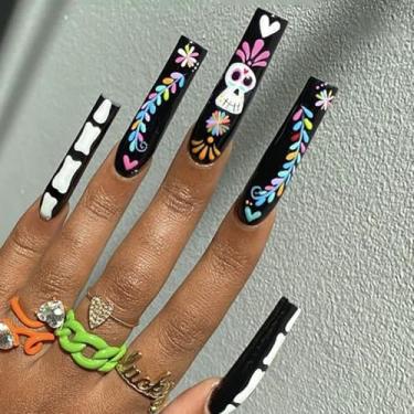 Imagem de Unhas postiças longas quadradas de Halloween pretas com design de fantasma fofo, capa completa, bastão falso artificial, cola em acrílico para mulheres, casamento, 24 peças