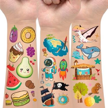 Imagem de 14 folhas de tatuagens temporárias, artigos de festa de aniversário, enfeites de saco de brindes, animais coloridos, desenhos de sereia e dinossauro para braços, mãos, rosto | Fácil de aplicar e