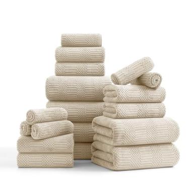 Imagem de Conjunto de 18 toalhas de família tecido camelo - 6 lençóis de banho, 6 toalhas de mão, 6 toalhas de poliéster macio toalha de banho absorvente toalha de praia de secagem rápida toalha de cadeira de