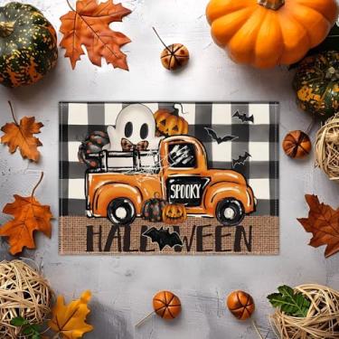 Imagem de Jogo americano de Halloween 29 x 43 cm – Design de outono com caminhonete e fantasma, tapete de jantar lavável resistente ao calor para cozinha, mesa de centro e decoração de festa