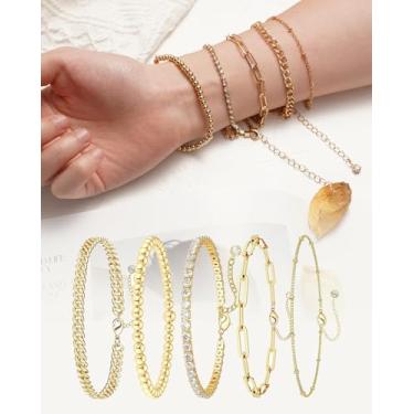 Imagem de Conjunto de 5 pulseiras ajustáveis douradas delicadas para mulheres | Corrente de elos empilhável moderna | Presente perfeito para joias, One Size, Metal, Sem Pedra Preciosa