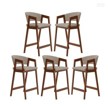Imagem de Kit 5 Banquetas Alta com Encosto Ravena Madeira Maciça Maciça Pinhão Suede Bege CCS
