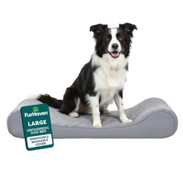 Imagem de Furhaven Cama ortopédica para cães grande/médios com capa lavável removível, para cães de até 17 kg - Colchão luxuoso de pelo sintético e camurça com contorno de espreguiçadeira - cinza, grande